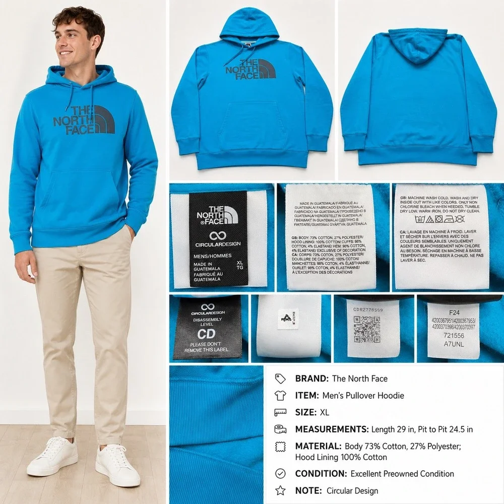 The North Face Mens XL‎ Blue Circular Design Pullover Hoodie Logo Sweatshirt